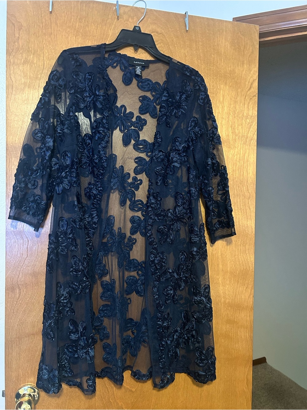 R&M Richards Navy Floral Appliqué Mesh Duster Coat